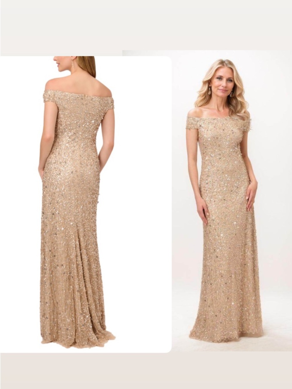 Adrianna Papell Sequined Gown Off the Shoulder Blush Champagne Rose Gold Glam